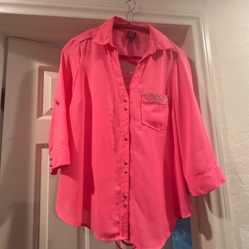 Pink Button-Up Blouse with Studded Pocket